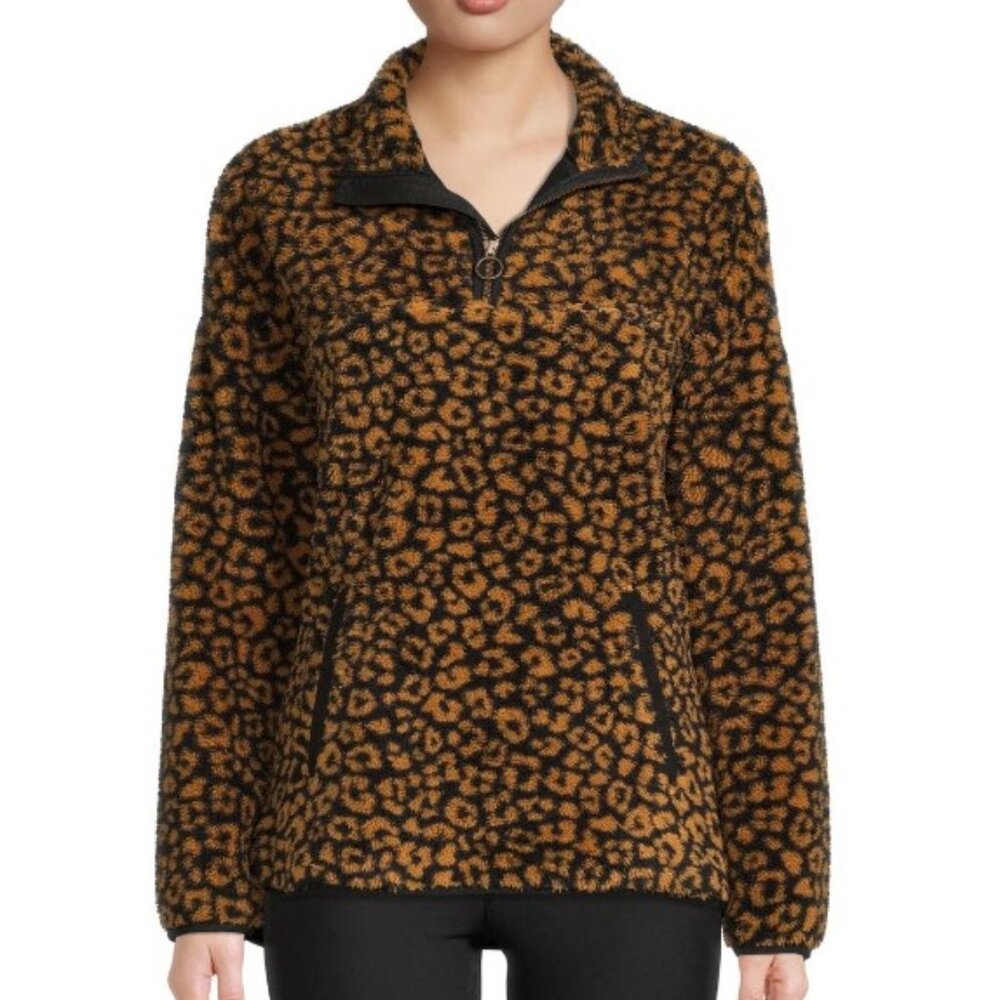Time and Tru 🟣 EUC Size 2X Faux Sherpa Leopard 1/4 Zip Pullover